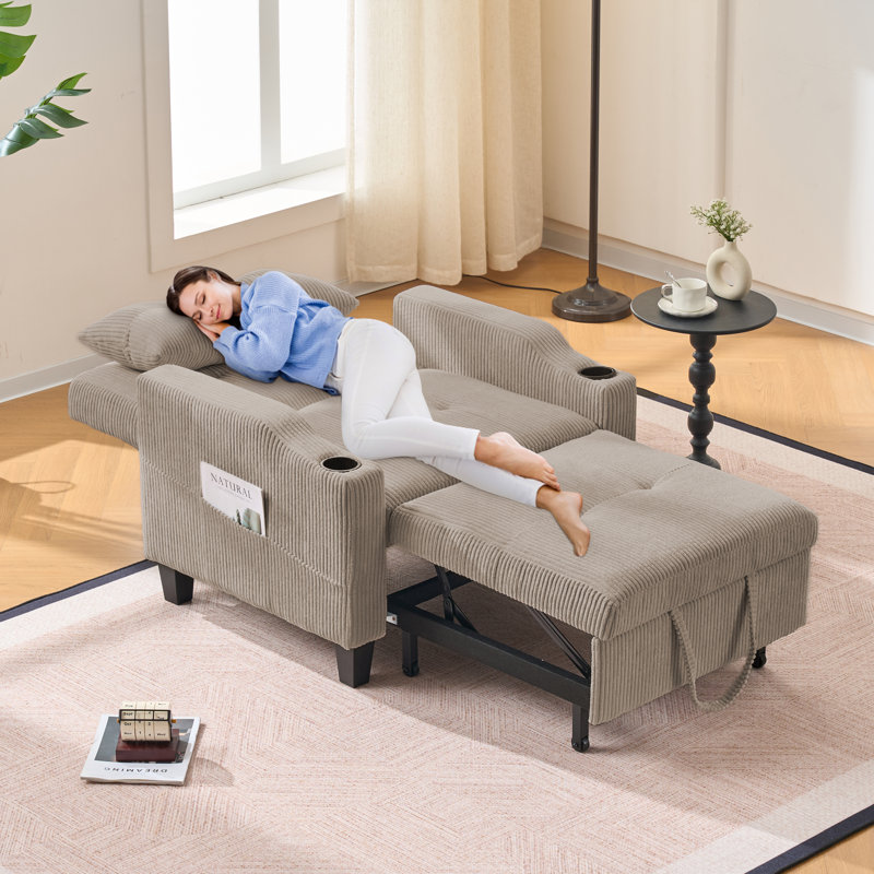 36" Wide Convertible Chair with Pull Handle - 3-In-1 Sleeper Futon Chair Bed with Cup Holder, Khaki