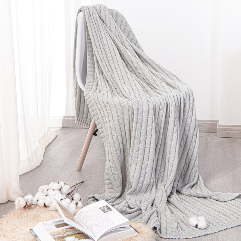 Couverture en coton tricoté , Gris argenté, L 67 po x l 51 po