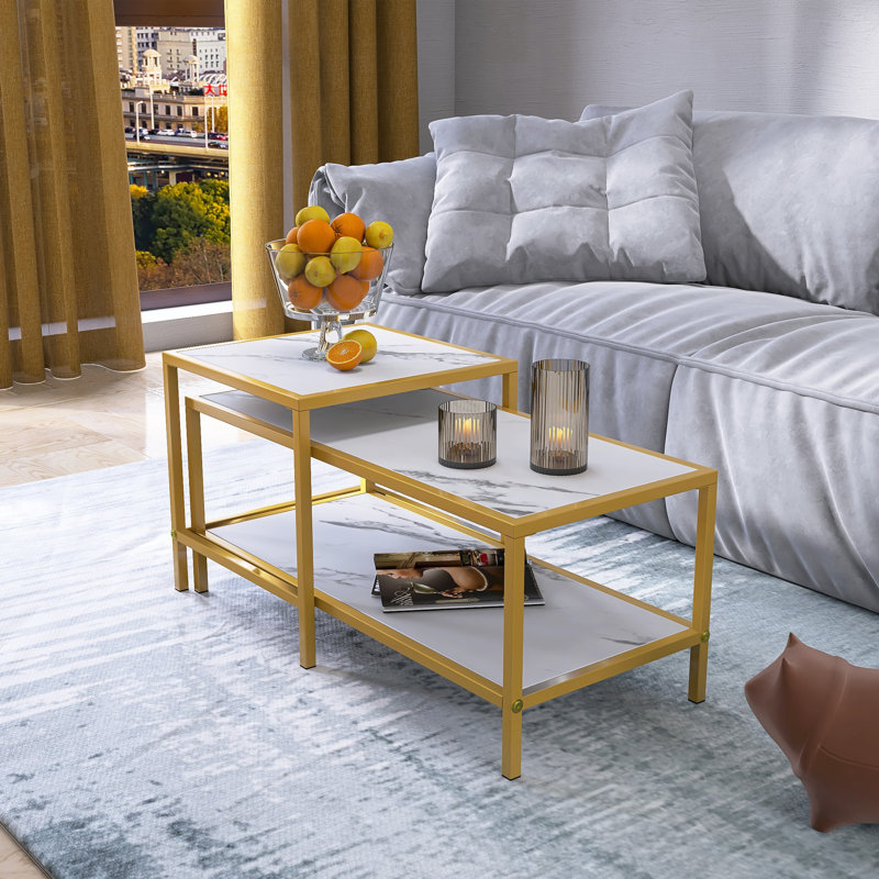 Dewann 2 Piece Wooden Nesting Coffee Table, Golden