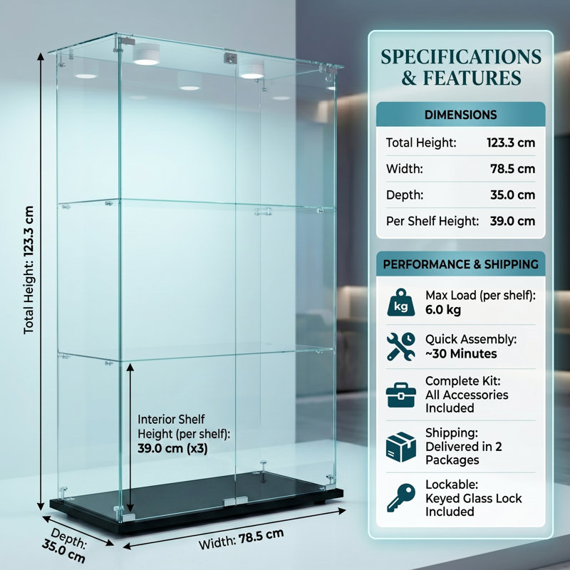 3-Tier Double Door Glass Display Cabinet with LED Puck Light,  123cmH Large Frameless Curio Cabinet with Glass Top, Black / White