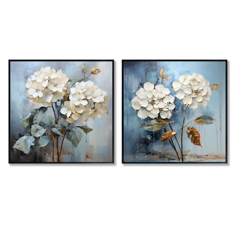 Blue Hydrangea Blooms In Gray Tone - Hydrangea Square Collage Set Of 2, 16" H x 33" W, Black Floater Framed