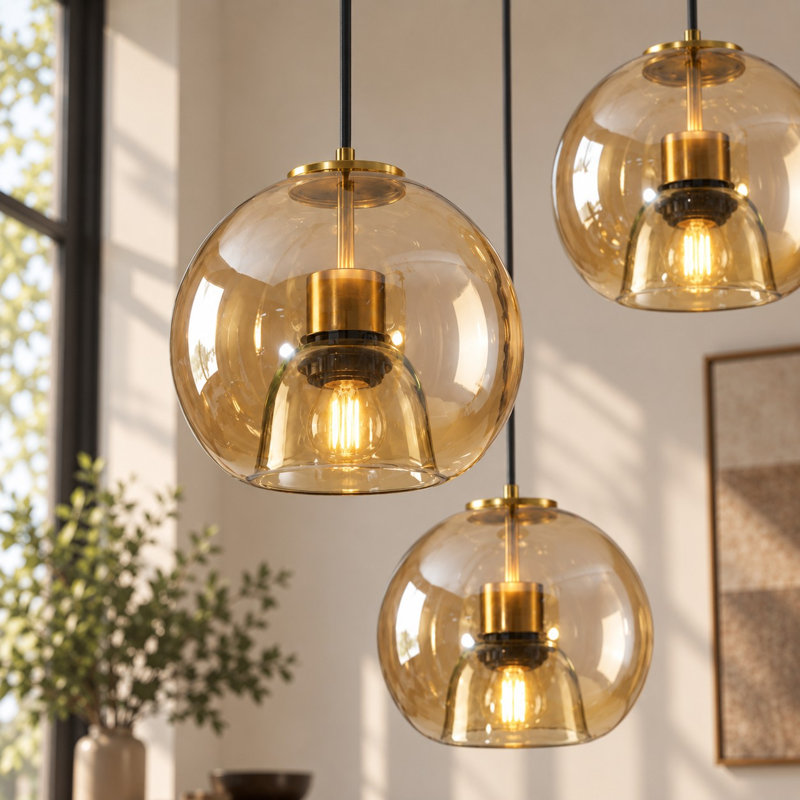 Luminaire suspendu 3 lumières en verre ambre concave