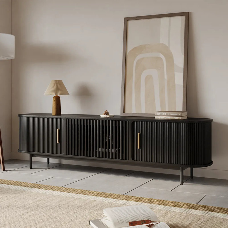 Meuble télé Mid-Century moderne, entièrement assemblé, Noir, H 21,25 po x L 79 po x l 15,75 po