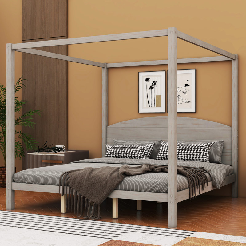 Damine Canopy Bed with Headboard and Support Legs，bed frame,platform bed, King, Gray Wash