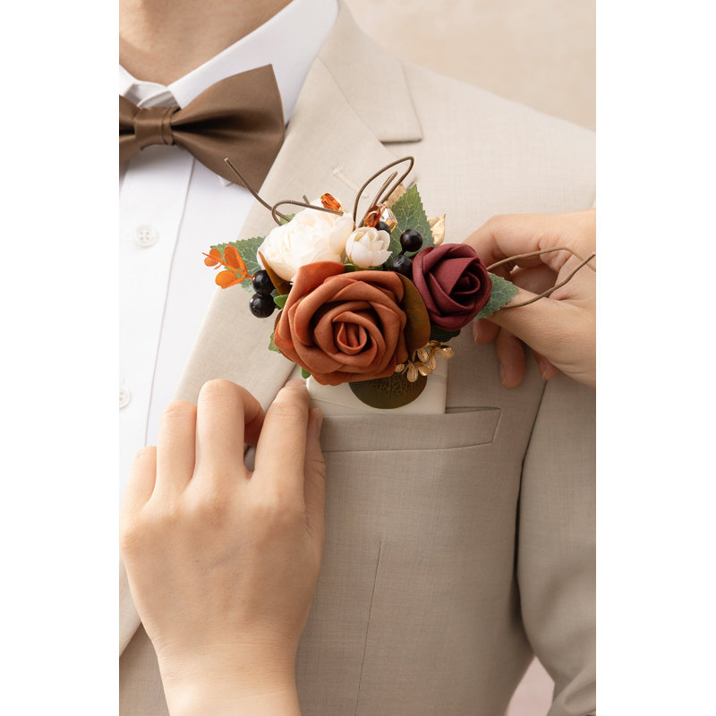 Boutonnière Ling's Moment pour marié, couleur terre cuite, Orange, terre cuite, automne