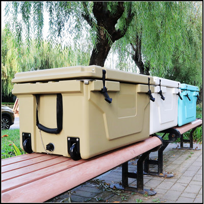 Khaki 65QT Rotomolded Ice Cooler Box For Camping, Fishing, And Outdoor Activities With Superior Insulation