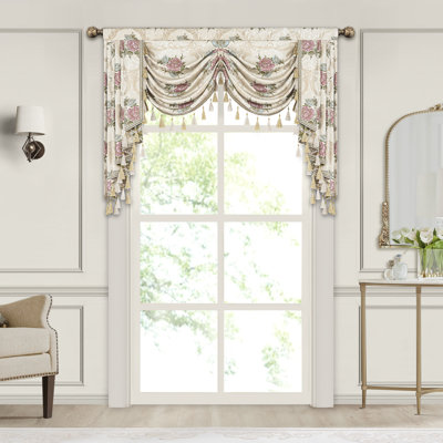 Floral Swag Valance with Tassels, Beige Jacquard Waterfall Valance, Window Treatment 1 Panel