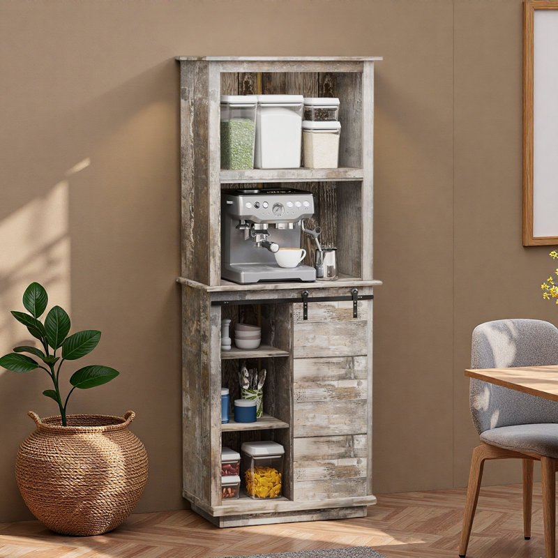 Buffet de cuisine rustique autoportant avec porte de grange coulissante et tablette réglable