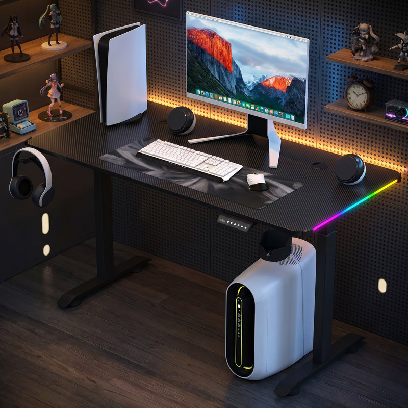  Inbox Zero Octavous 55" x 24" Electric Gaming Standing Desk with Memory Controller, RGB Ambient Lighting, Remote Control, Headphone Hook, and Cup Holder, DESK-TYI-4R2N-81 Series