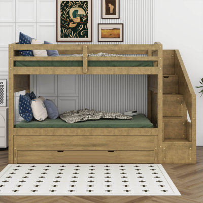 Bunk Bed With Trundle And 3 Drawers, Wooden Bunk Bed With Storage Staircase And Small Side Wardrobe