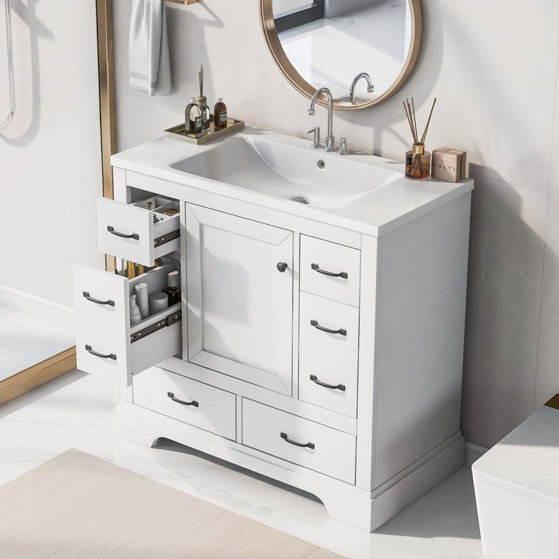 Meuble-lavabo 36 po avec lavabo 36 po, six tiroirs, Blanc