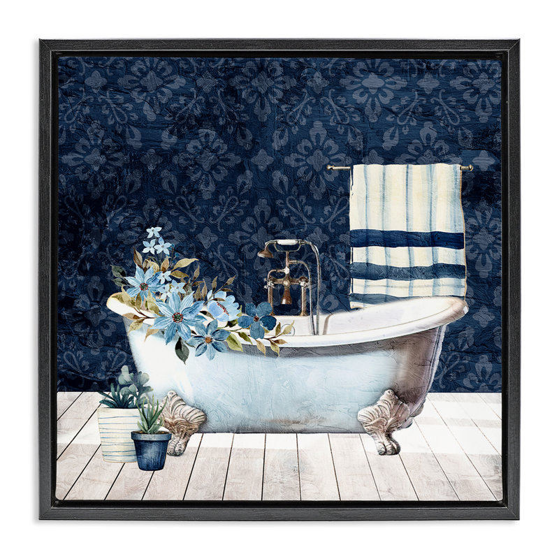 "Blue Damask Bathroom", art mural sur toile flottante par Kim Allen, H 25 po x l 25 po, Cadre flottant noir de jais