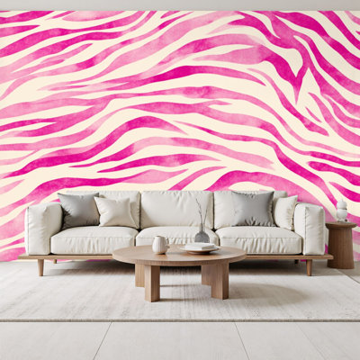 Peel and Stick Wallpaper Pink Zebra Stripes Watercolor Cream Wall Murals 69"H x 96"W Removable PVC Wall Paper Self-Adhesive Wall Decor for Bedroom Living Room Home Office