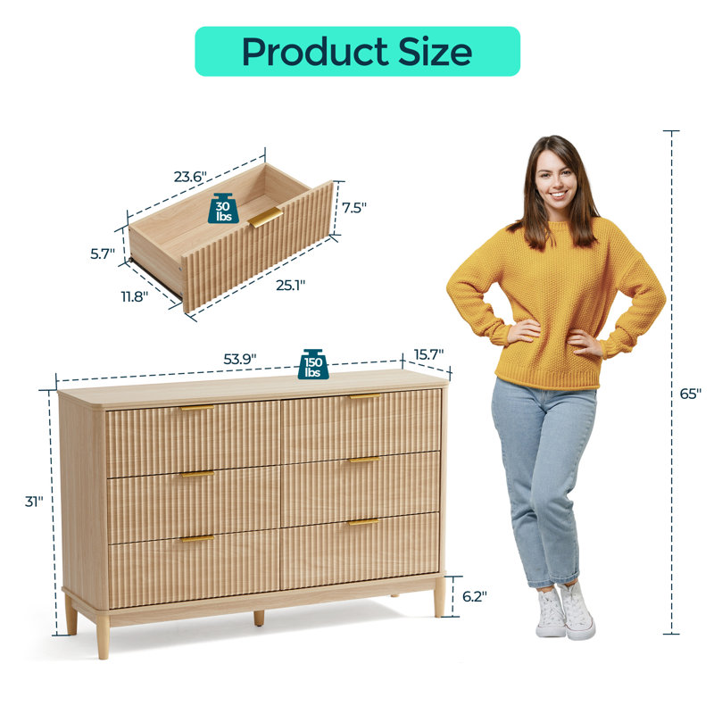 Fluted 6-Drawer Dresser with Solid Wood Legs, Oak
