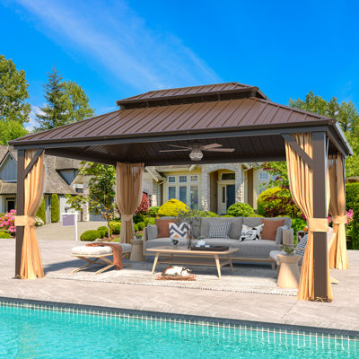 Heavy-Duty Aluminum Gazebo with Galvanized Steel Double Roof, Hardtop Outdoor Canopy with Curtain & Mosquito Netting for Patio Deck & Hot Tub