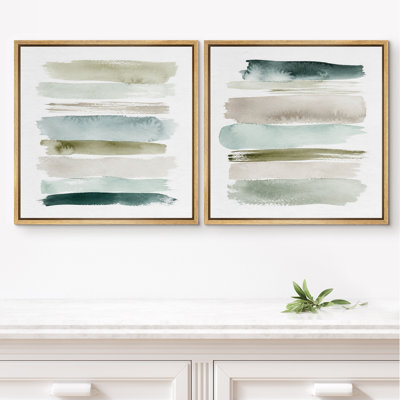 Soft Sage And Teal Watercolor Brush Strokes With Calm Modern Framed Canvas Master Bedroom Wall Art Work 2 Pieces Print Set