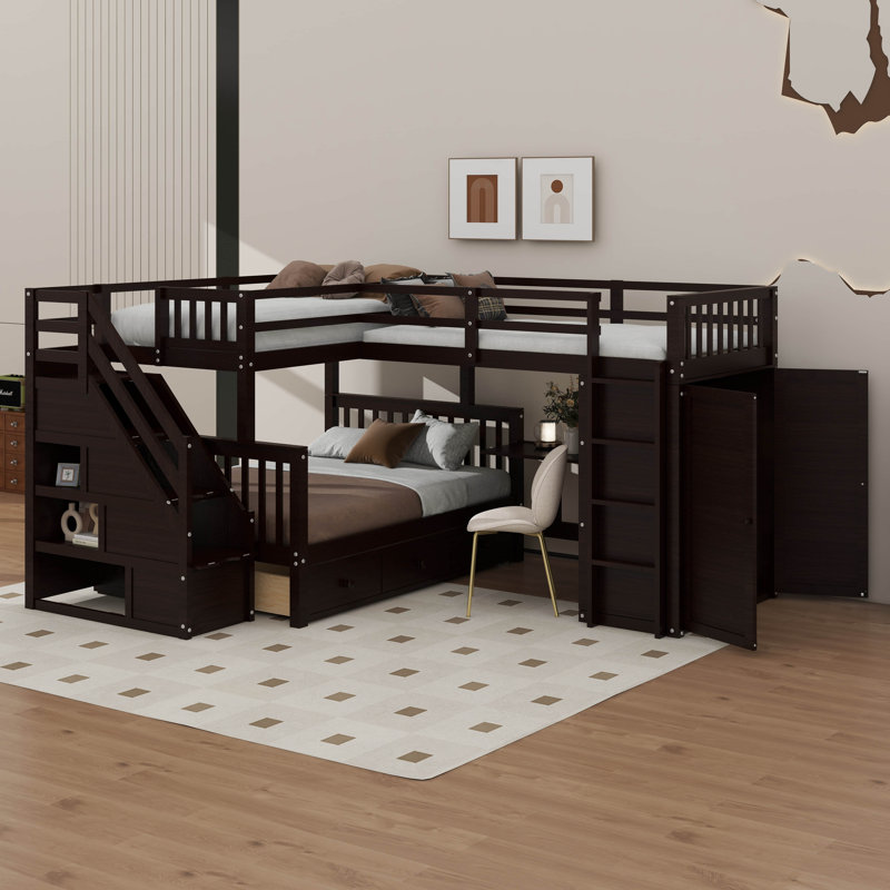 Twin-Twin Over Full L-Shaped Bunk Bed With 3 Drawers, Movable Desk, And Closet, Espresso