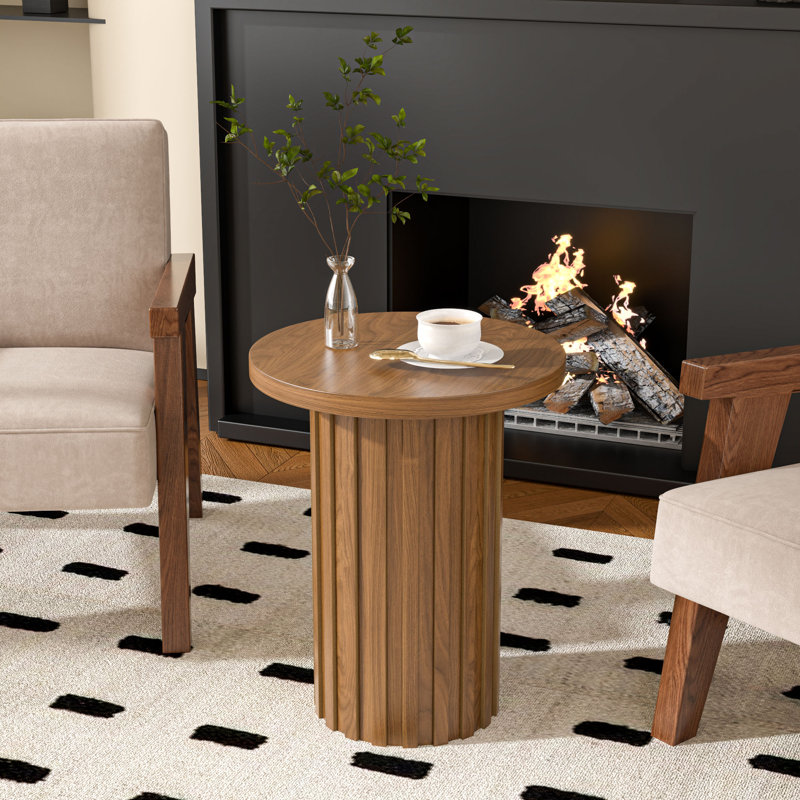 Round End Table With Fluted Pedestal Base, Side Table With Strip Columns Base, Walnut