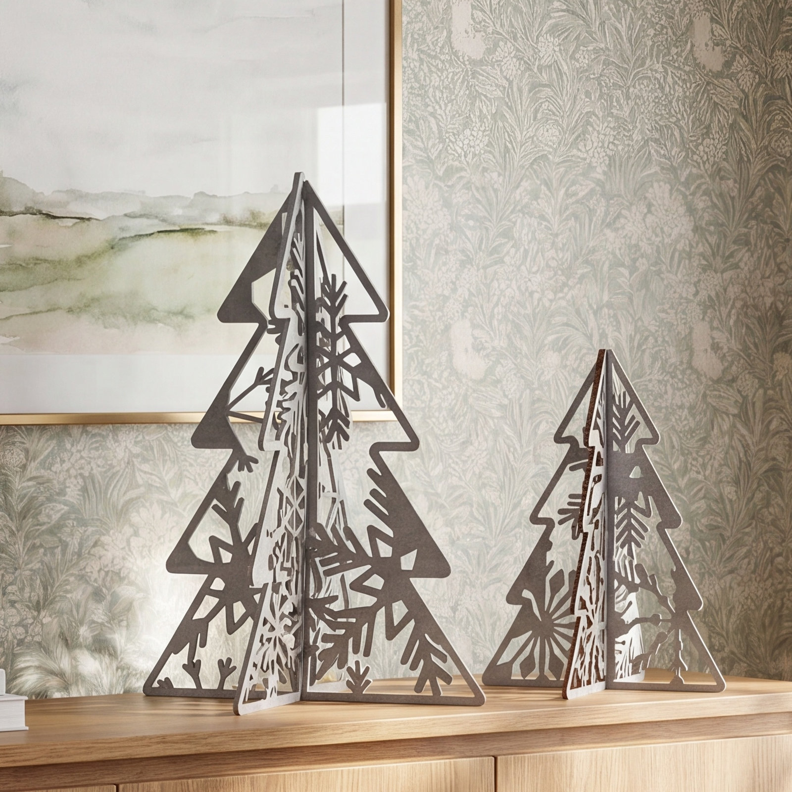 10" And 7" Wood Christmas Trees Table Décor, Silver