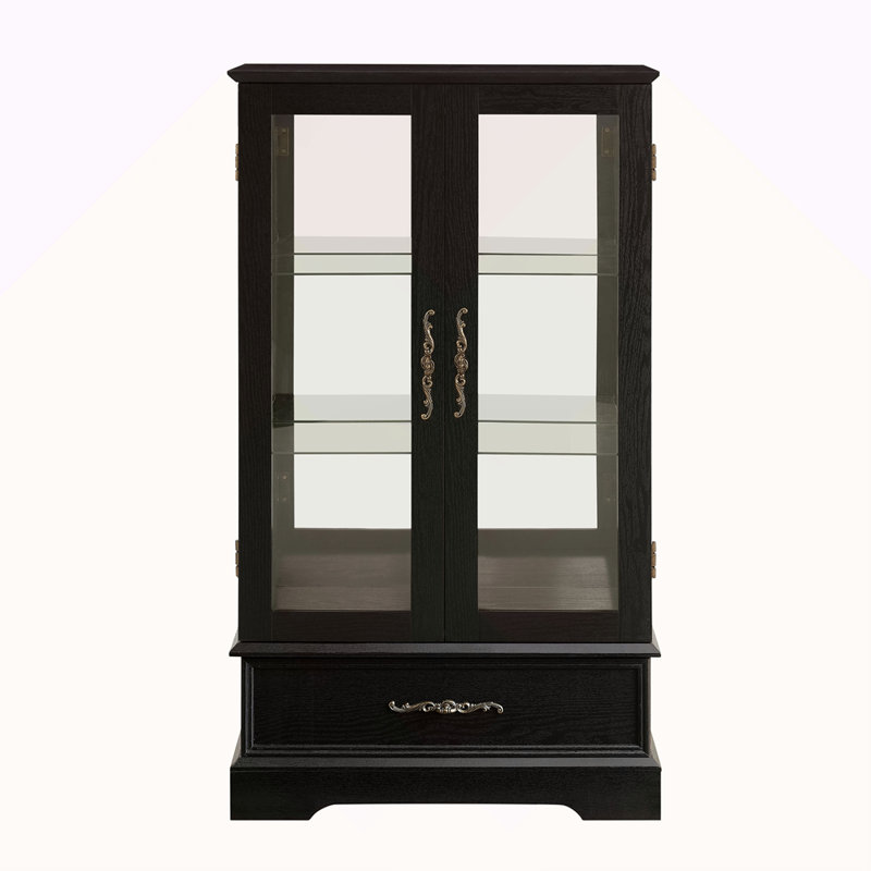 Vitrine lumineuse en verre avec tablettes réglables, Noir, No