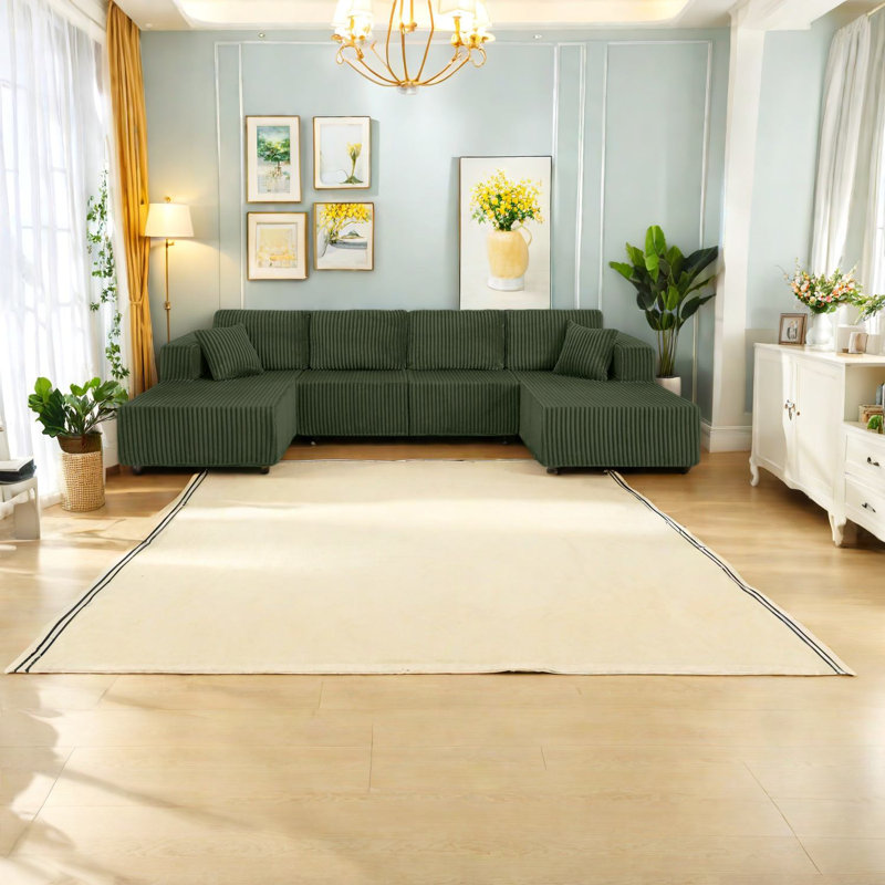 Canapé modulaire spacieux en forme de U, revêtement en mousse verte, style de vie moderne