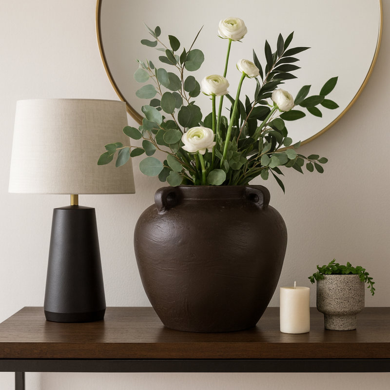 Rustic Heritage Table Vase For Home Decor - Elegant Tall Vase With Textured Finsh And Handles - Decorative Flower Vases Accent - Brown
