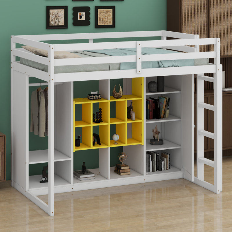 Wood Loft Bed With Wardrobe, Shelves And Cabinet, White/Yellow, Twin