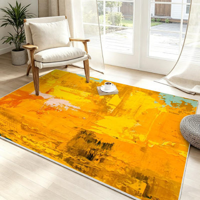 Blue Machine Washable,Abstract Oil Painting Canvas Color of Indoor Area Rug