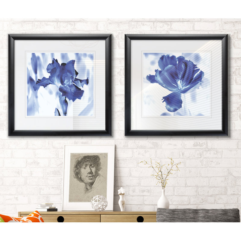 Blue Ice Iris - Matted and Framed Under Acrylic Glass, Set of 2, Large Living Room Wall Art