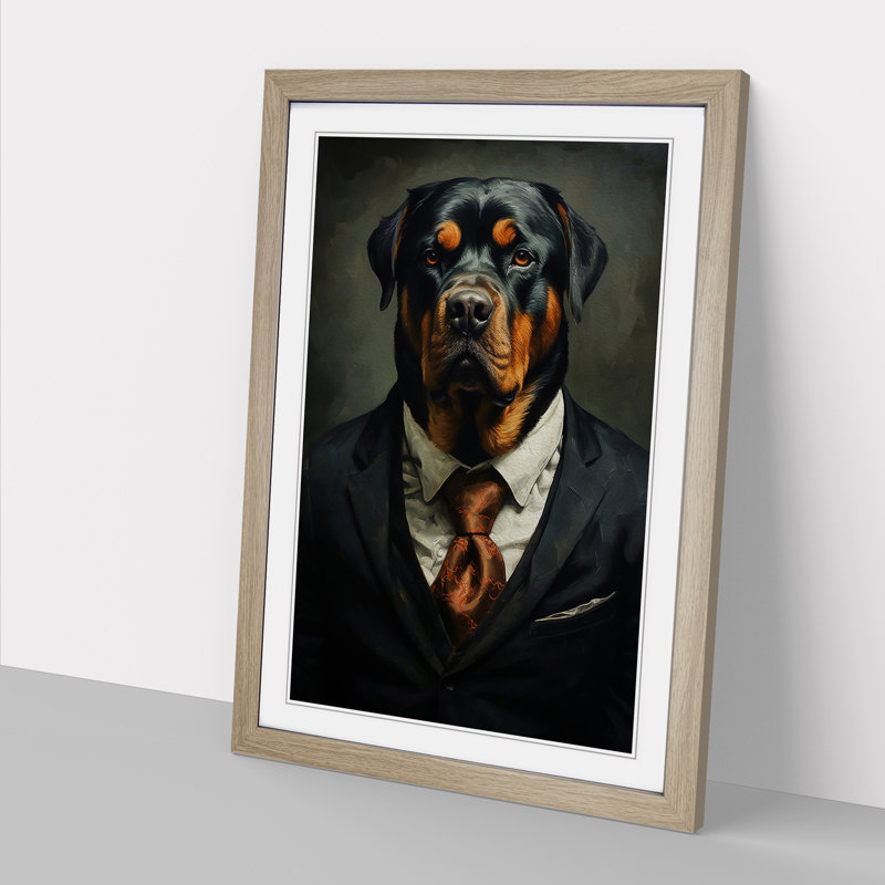 Rottweiler In A Suit No.3 - Single Picture Frame Print on Wood, 46cm H x 34cm W x 2cm D, Oak 