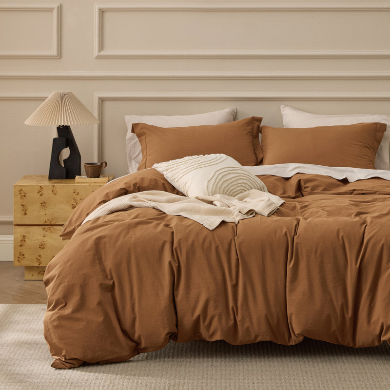 Bedsure 100% Washed Cotton Duvet Cover King Set - Minimalist Cotton Beding Set For All Season（set of 3）, Hazelnut Brown