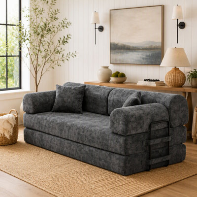 Canapé-lit convertible 4 en 1 avec matelas pliable, tissu bouclé bicolore noir moucheté, pour salon et chambre