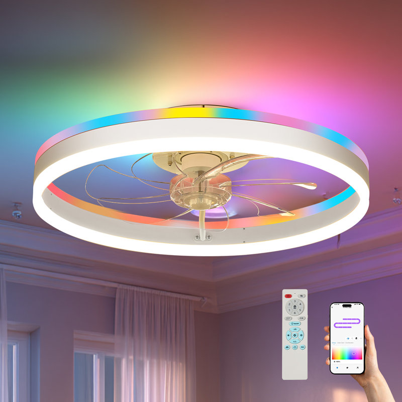 Ventilateur de plafond encastré 20 po avec éclairage à DEL à intensité variable RVB et CCT, ventilateur de plafond réversible à 6 vitesses, ventilateur de plafond à profil bas avec application / télécommande, blanc