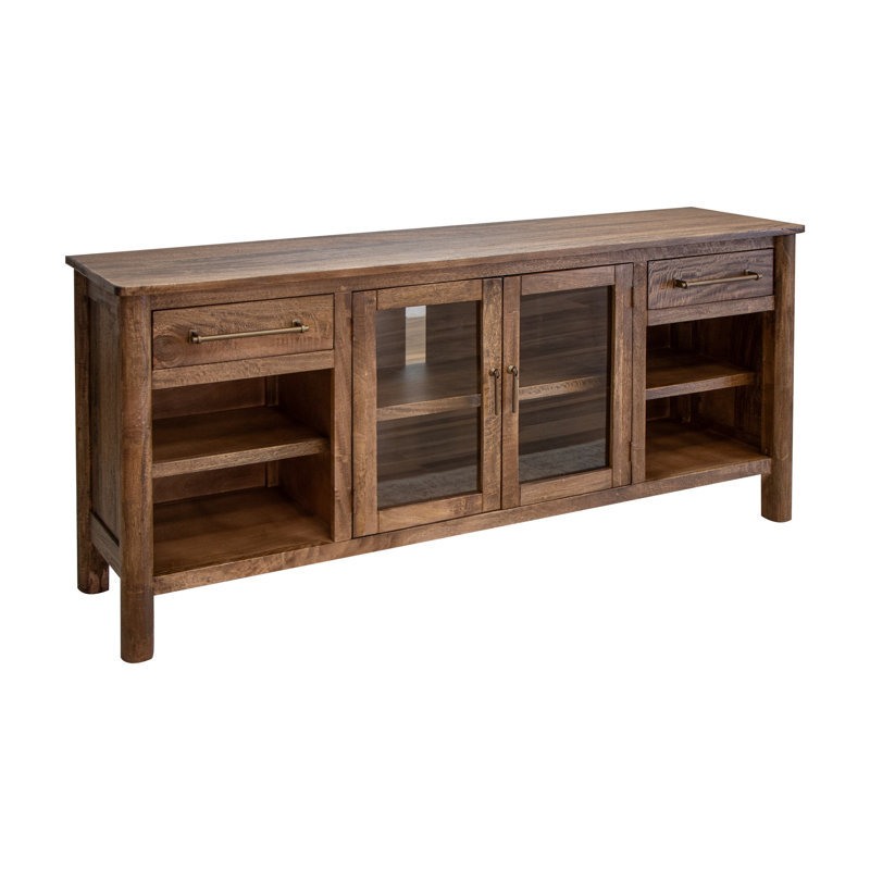Console média 70 pouces Olum, portes en verre, tablettes, bois massif brun