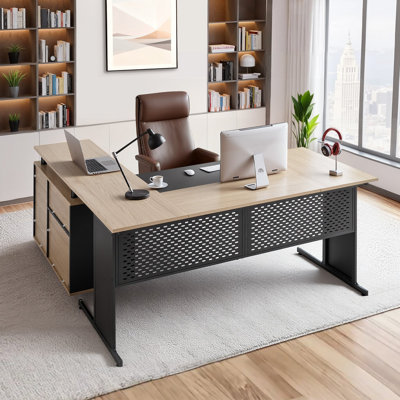 L-Shaped Executive Desk, Modern Reversible Office Table with Drawers & Storage Cabinet, Heavy Duty Large Wooden Executive Table, 350 LBS Load Capacity