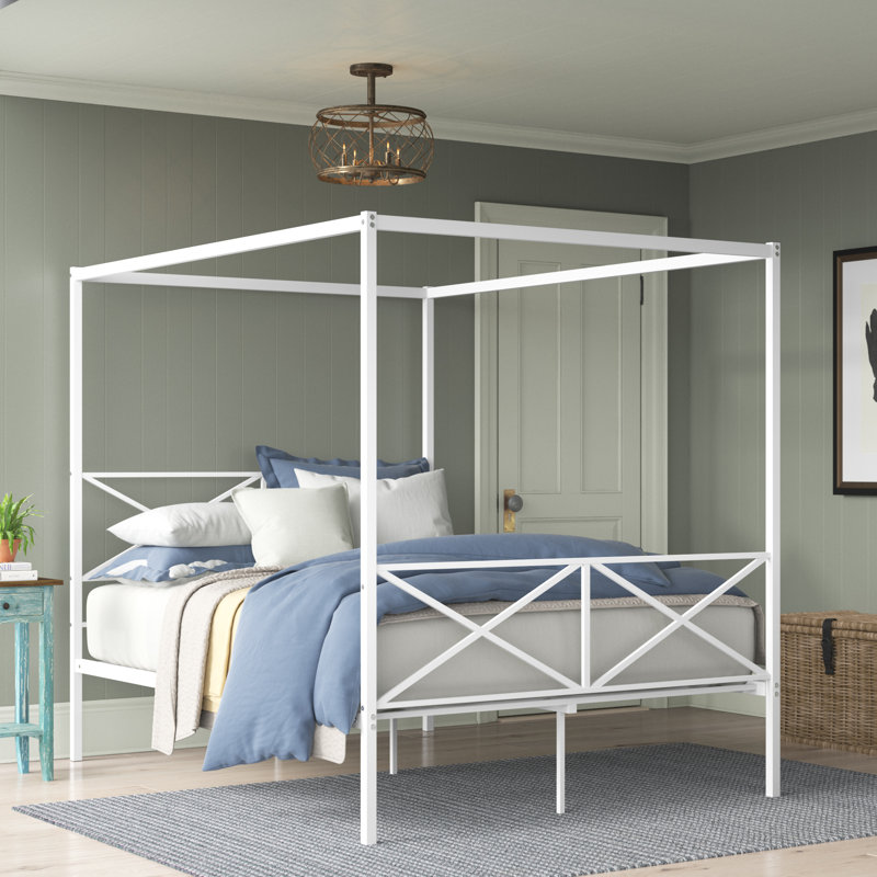 Glendale Queen Size Bed Frame with Modern Designed Headboard and Footboard - Canopy Metal Frame in Powder Coating Linen white
