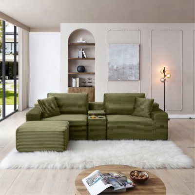 Canapé modulaire modulaire, canapé en nuage de velours côtelé à siège profond avec porte-gobelets, ports USB et boîte de rangement, canapé-lit, canapé sans dossier avec repose-pieds mobile pour le salon, aucun assemblage requis
