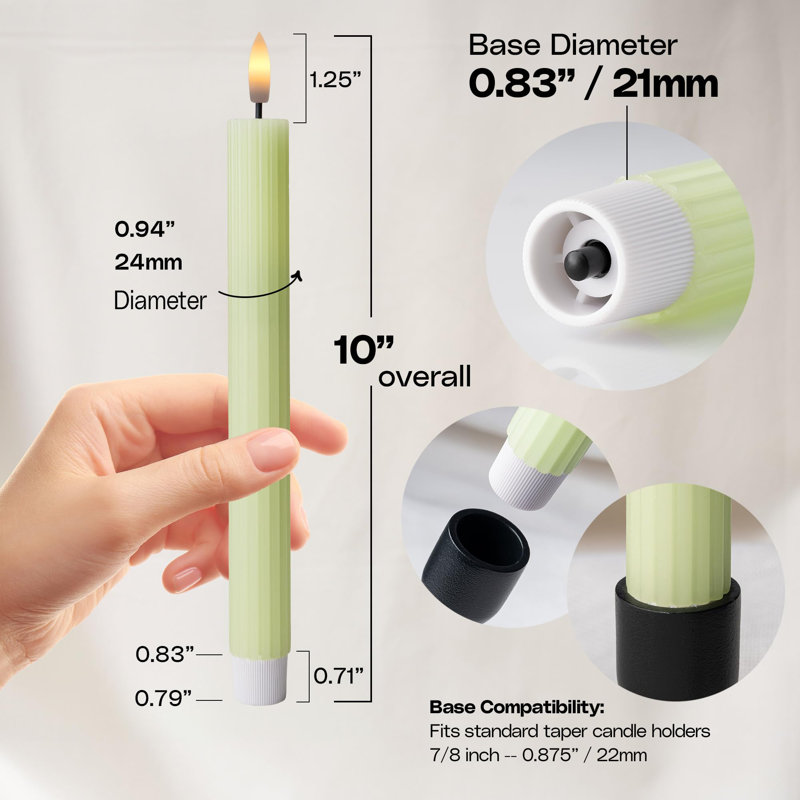 Fluted Ribbed Grooved LED Flameless Taper Candles, Remote, On/Off Button, Battery Operated, 12 Pack, Green