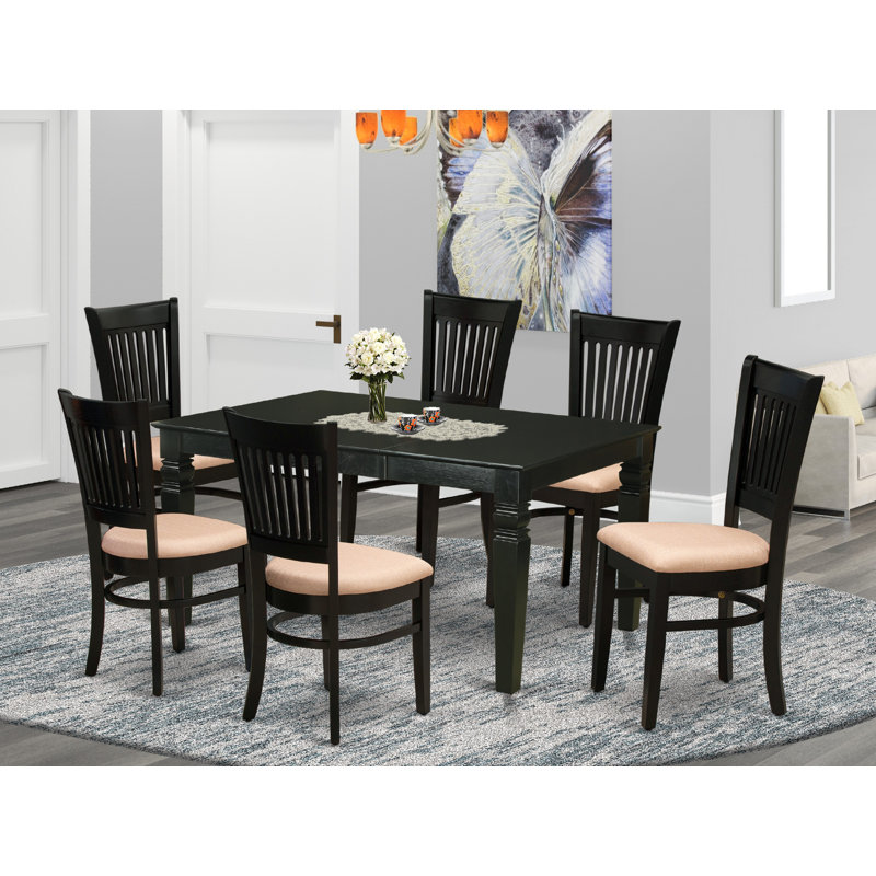 Ensemble de table de salle à manger 7 pièces composé d'une table de cuisine rectangulaire avec feuille papillon et 6 chaises en tissu de lin