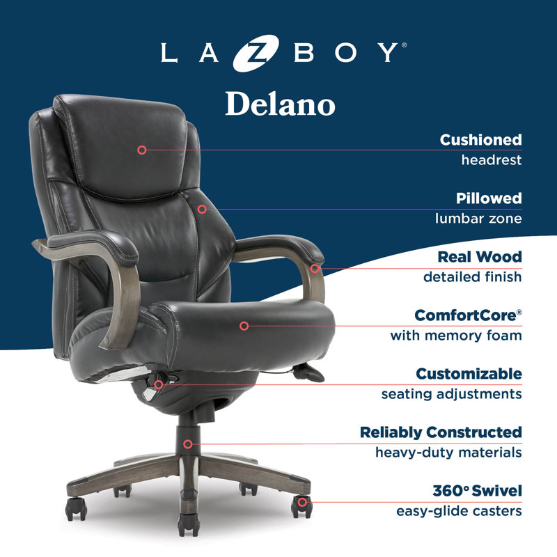 La-Z-Boy Delano Big & Tall Executive Office Chair, Ergonomic Mid-Back with Body Pillow Lumbar Support, ComfortCore® with Memory Foam Cushion, Mahogany Wood Arms and Swivel Base, Bonded Leather