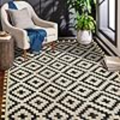 Reversible Mats With Led Strip Lights, Plastic Straw Rug, Modern Area Rug, Large Floor Mat For Outdoors, Patio, Backyard, Deck, Picnic, Camping, Black & Beige, 5' X 8'