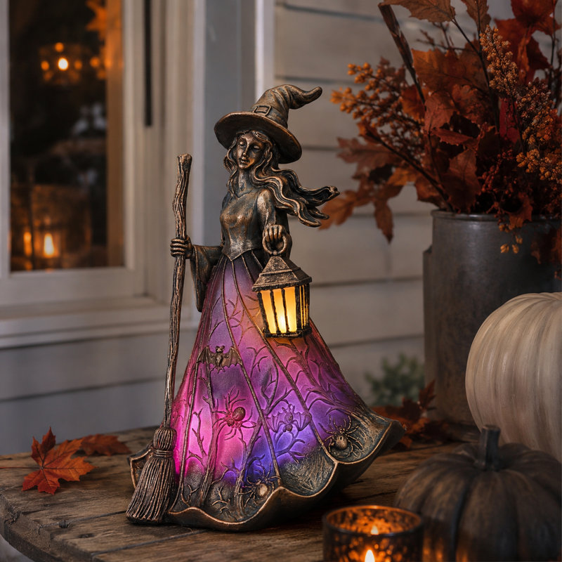 Statue de jardin d'Halloween sorcière solaire 8,27 "avec lanterne DEL, Bronze/Purple