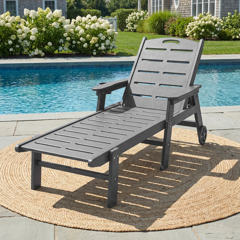 HDPE Outdoor Chaise Lounge – 5-Position Adjustable with Wheels & Cup Holder, Gray