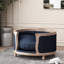 Lit pour animal de compagnie de conception contemporaine bleu marine moyen en tissu avec surpiqûres et structure en bouleau, largeur attrayante de 27,25 po