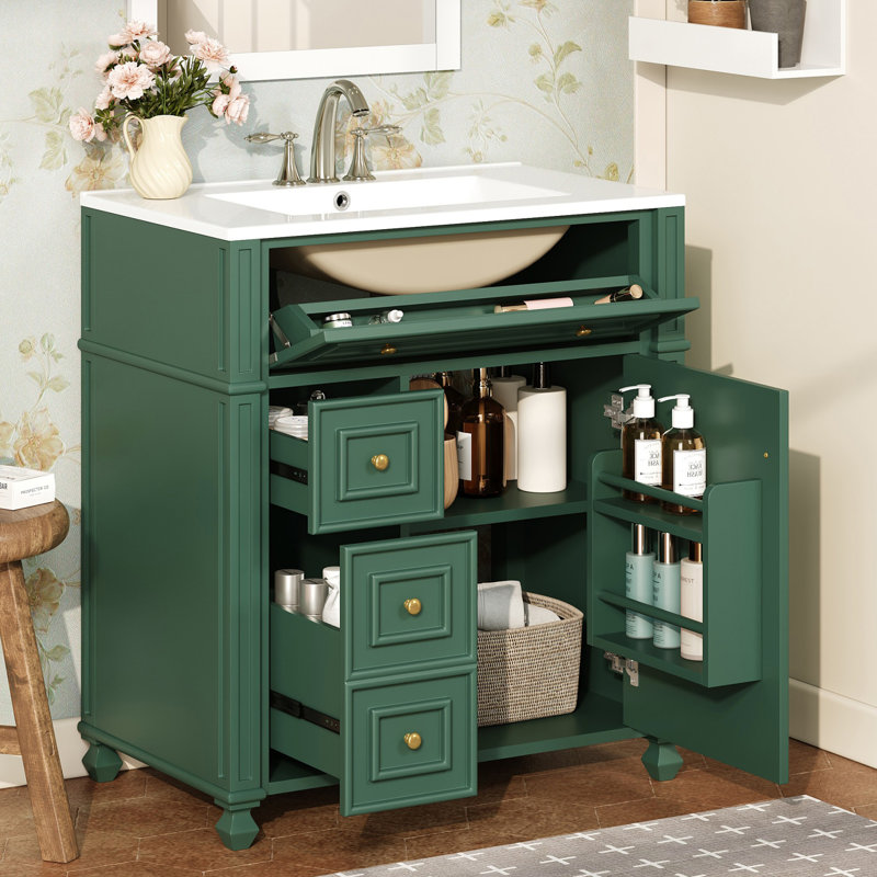 Meuble-lavabo 30 po Mid-Century avec lavabo en céramique, Vert