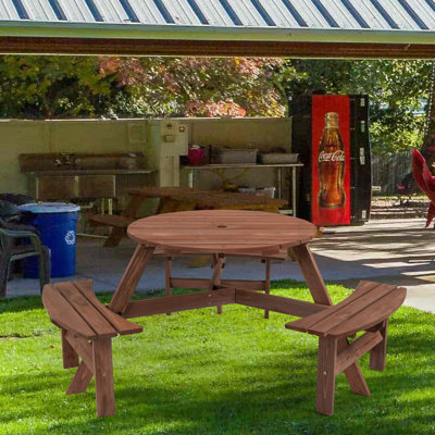 Circular Outdoor Wooden Picnic Table For Patio, Backyard, Garden, DIY W/ 3 Built-In Benches, 1720Lb Capacity