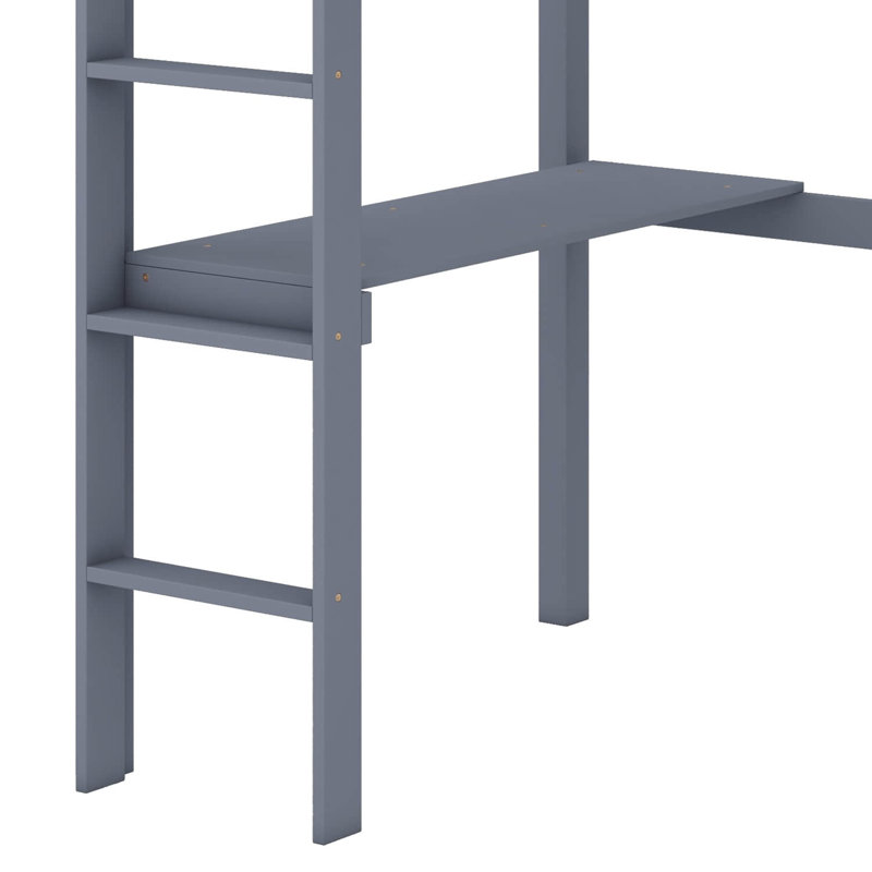 Lit mezzanine simple en bois d'hévéa avec barrière de sécurité, bureau intégré et échelle, Gris
