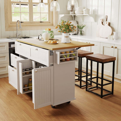 3PCS Sets Farmhouse Kitchen Island With 2 Stools, Drop Leaf,  Cabinet, Drawers, Door Shelves, Power Outlet