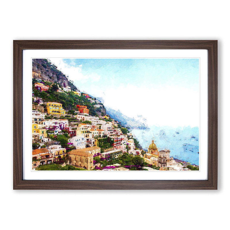 Positano on the Almalfi Coast in Italy - Picture Frame Painting Print on MDF, Walnut Framed, 27cm H x 36cm W x 2cm D
