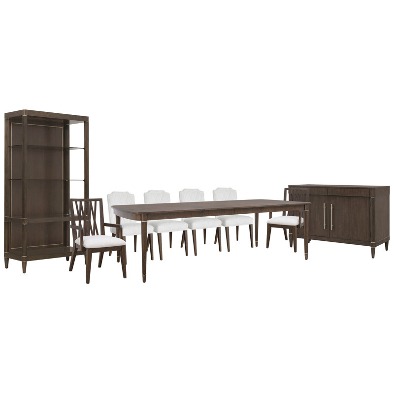 Leg Dining Table With 4 Upholstered Side Chairs 2 Wood Back Arm Chairs Server And Etagere